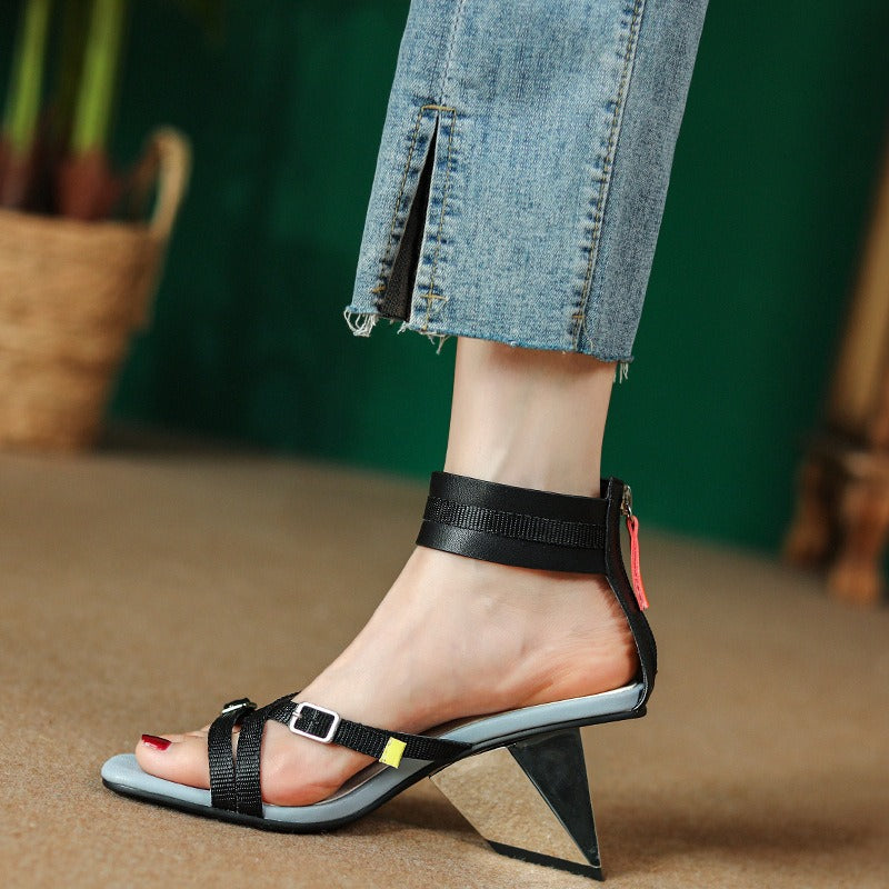 European and American open toe thin strap colorful wrist strap metal heel Roman sandals