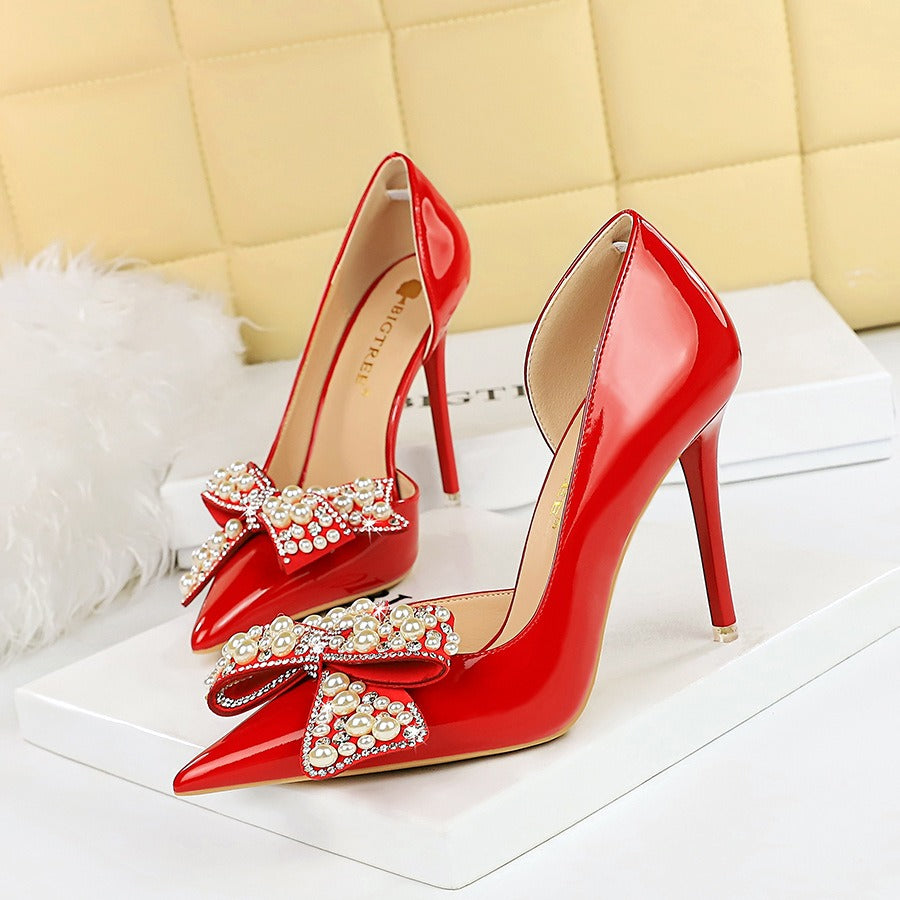 Pointed side hollow pearl rhinestone bow women's shoes with super high heels