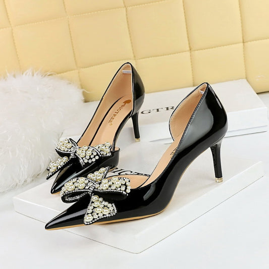 Pointed side hollow pearl rhinestone bow women's shoes with super high heels