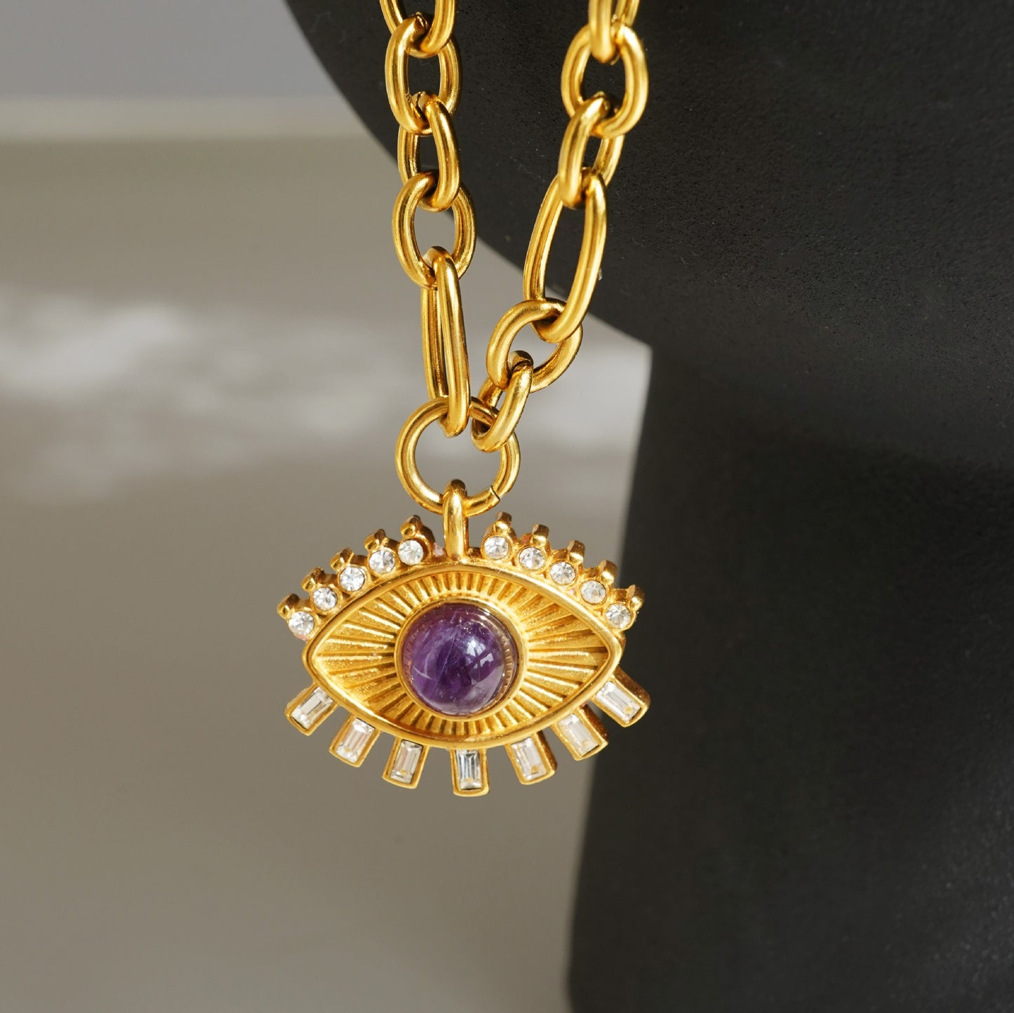 Gold titanium steel lucky eye zircon pendant necklace