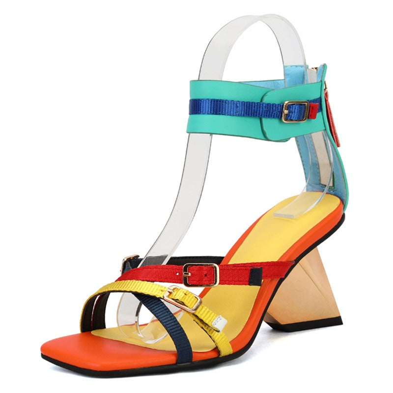 European and American open toe thin strap colorful wrist strap metal heel Roman sandals