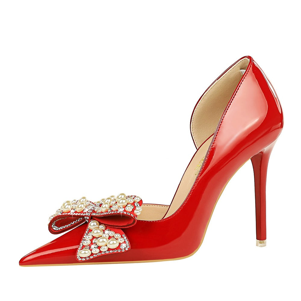 Pointed side hollow pearl rhinestone bow women's shoes with super high heels