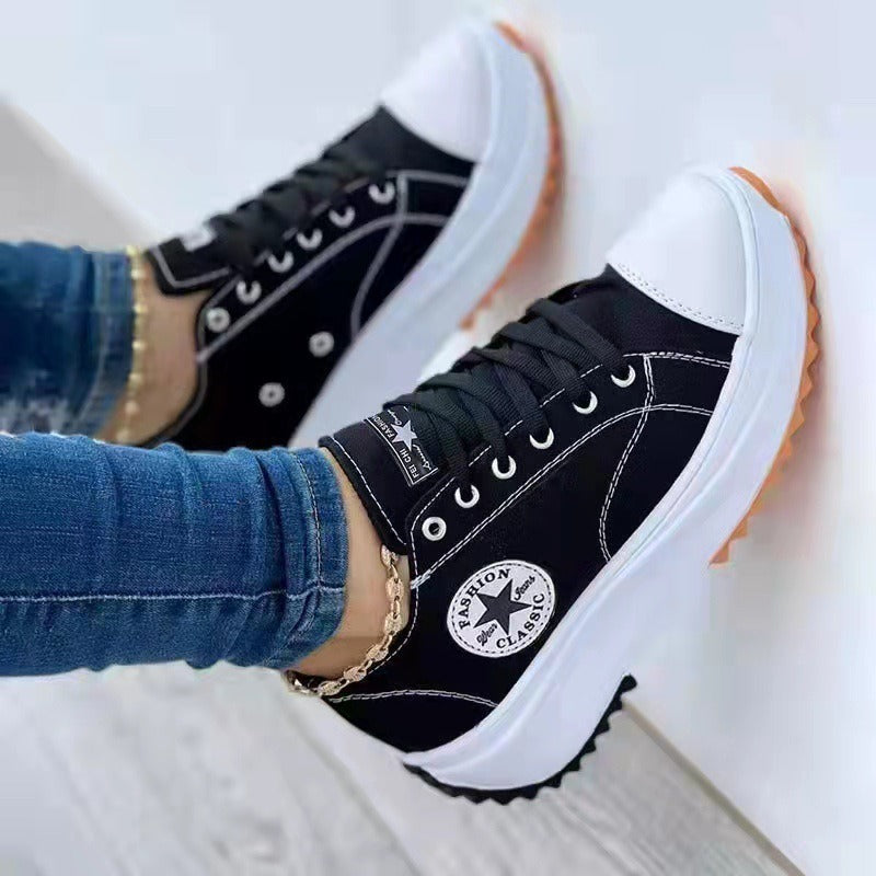 Low-cut single shoes for women, thick-soled canvas shoes, front lace-up platform soles, large size women's shoes