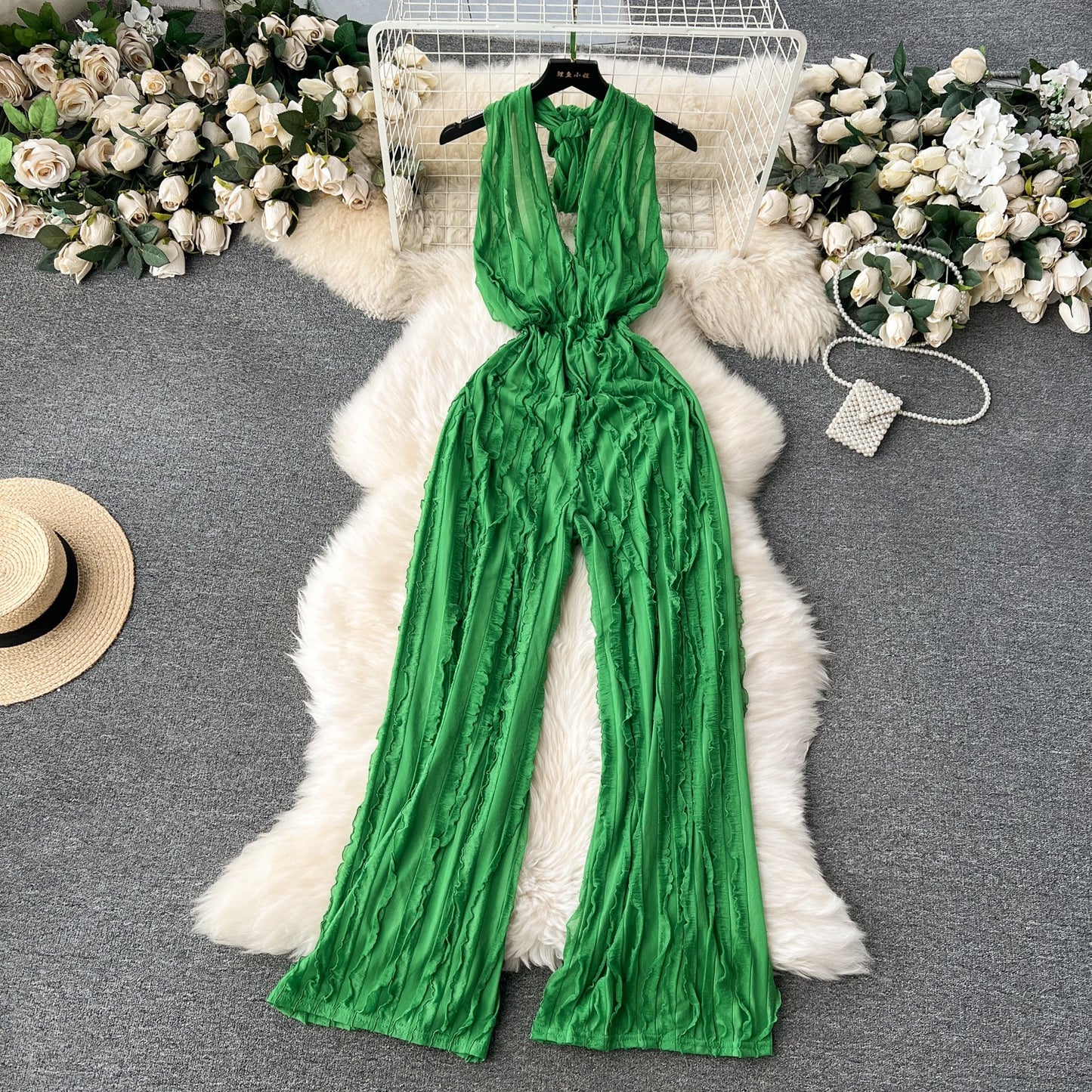 V-neck hanging neck open back jumpsuit high waisted casual vacation pants