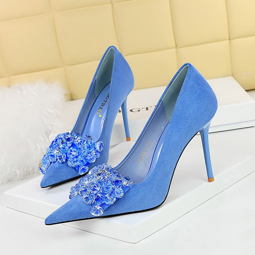 Banquet high heels women's stiletto suede shallow mouth pointed toe gem rhinestone bow shoes