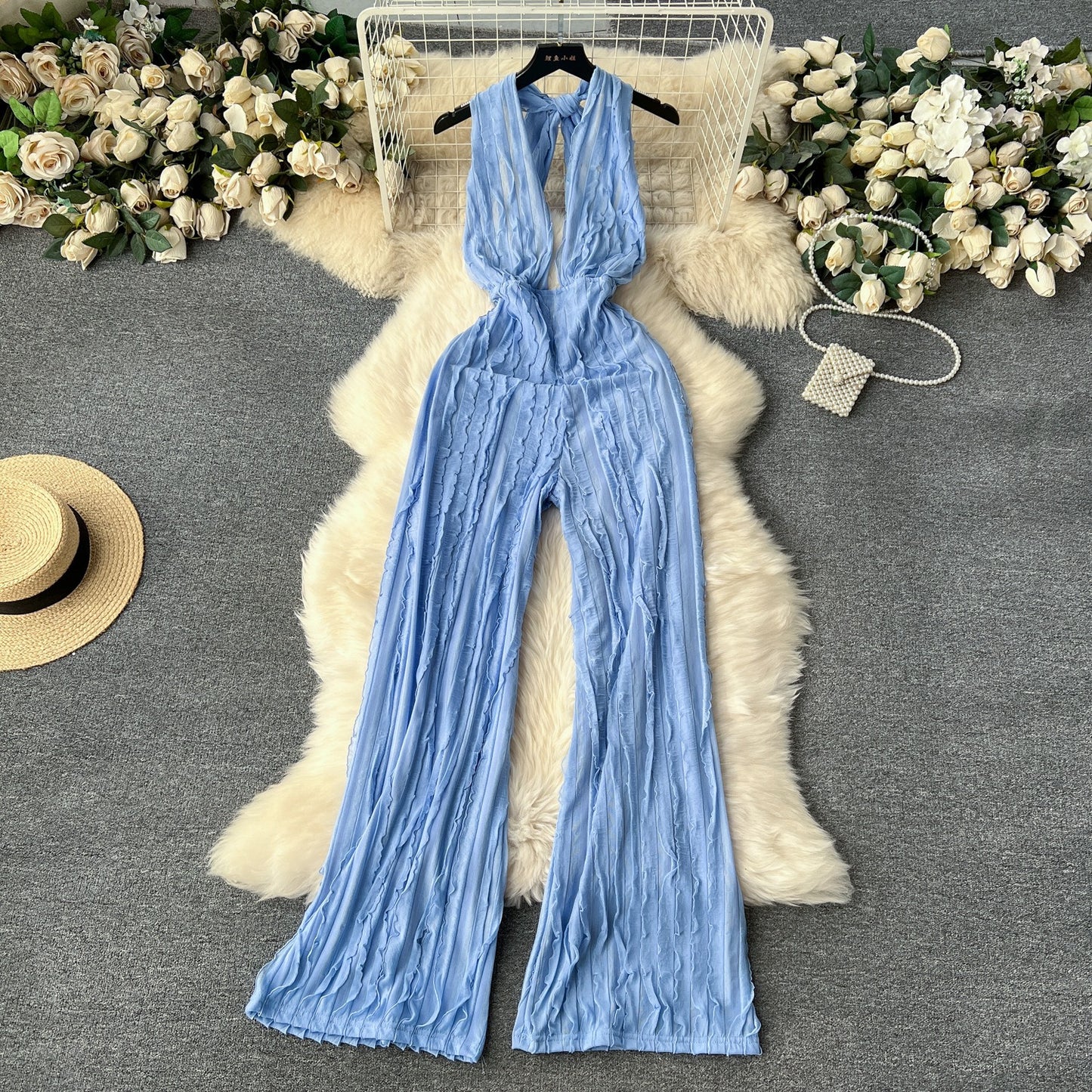 V-neck hanging neck open back jumpsuit high waisted casual vacation pants