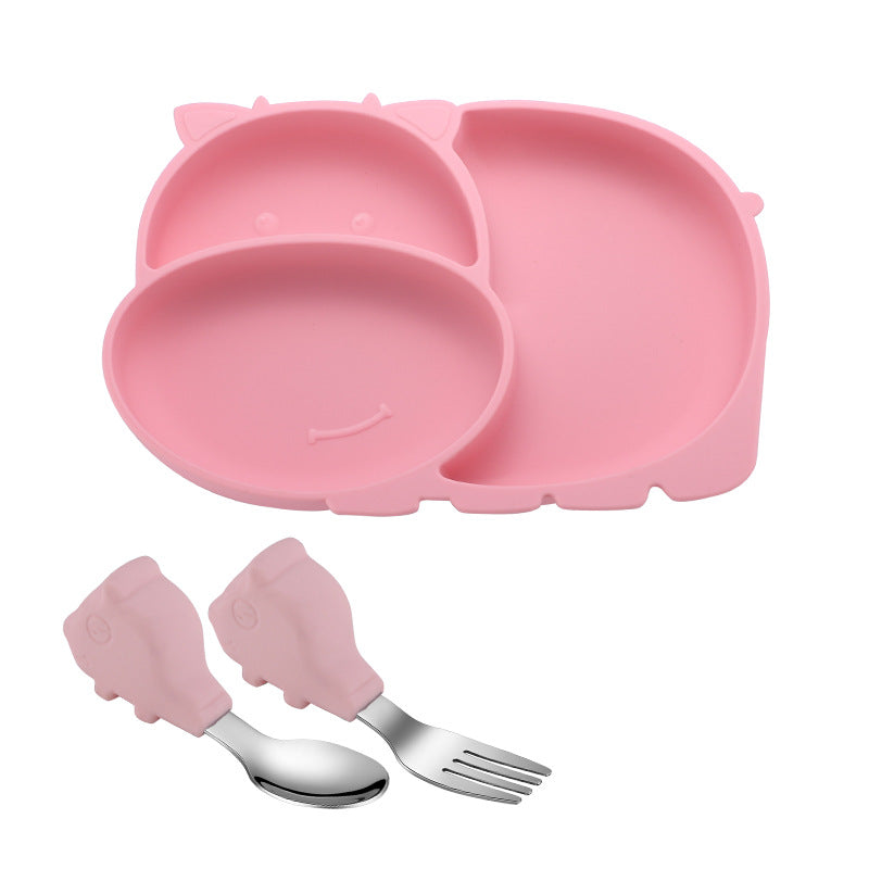 Baby All-In-One With Suction Cup Compartment Food Supplement Bowl Fork Spoon Feeding Tableware Set Children's Silicone Dinner Plate