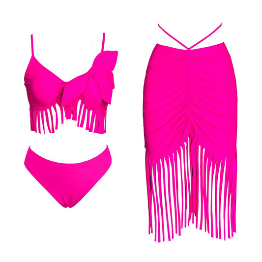 Solid color European and American bikini three-piece swimsuit for women