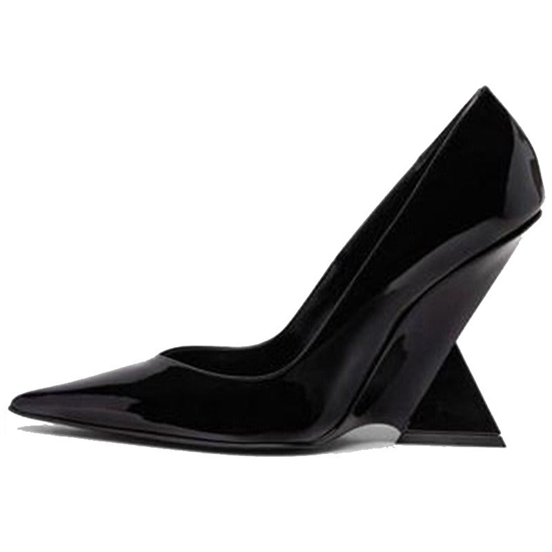 Ultra high heels, shallow mouth, pointed toe, patent leather wedge shoes, catwalk plus size shoes