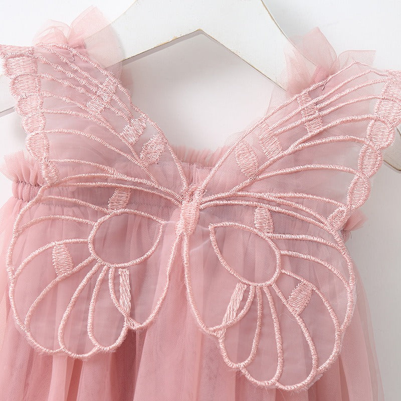 New Baby Girl Clothes Solid Color Flying Sleeve Butterfly Wing Decorative Little Girls Dress Sweet Princess Baby Dresses