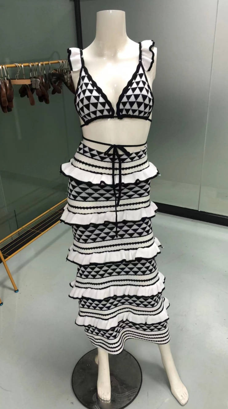 Striped bikini ruffle vest halter top suit beach bohemian long knitted skirt for women