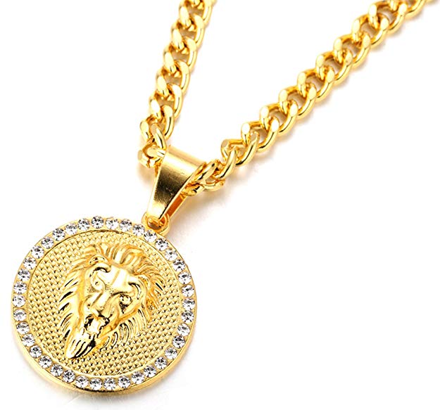 Father's Day Gift 3D Lion Pav'e Medallion Necklace in 14K Gold Plating