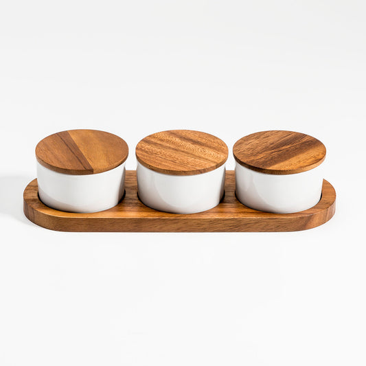 Ceramic Condiment Set on Acacia Wood Base  13" x 3.75"