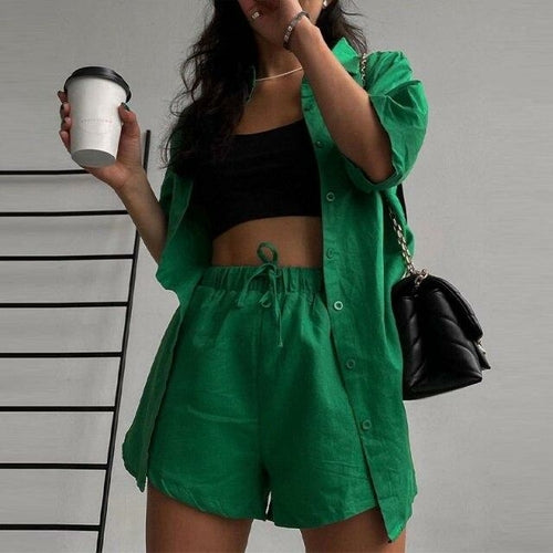Summer Casual Shorts Suits Green Streetwear Short Sleeve Shirt 2 piece